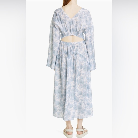 Vince Dahlia Floral Summer Dress Long Sleeve V Neck Women M Baby Blue White - Picture 3 of 16